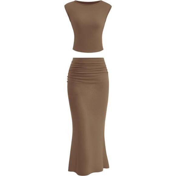 Skirt Sets Women 2 Piece Outfits Brown - Picture 1 of 6